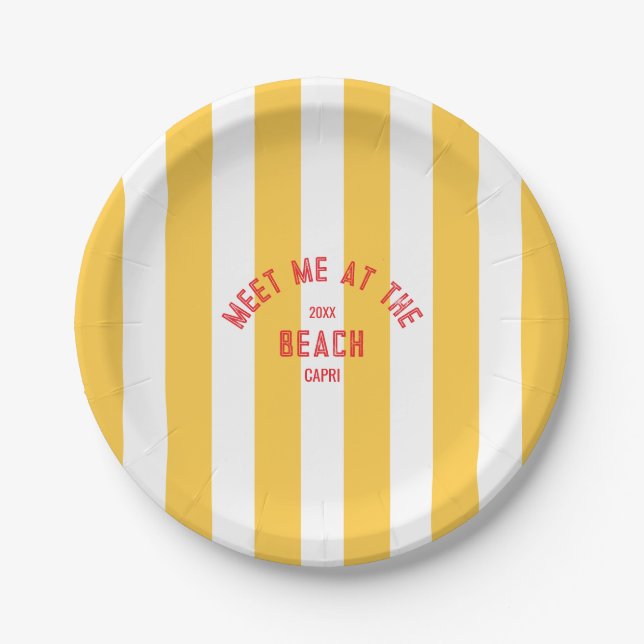 Red Meet Me At The Beach Yellow Stripe Paper Plate (Front)