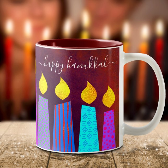 Red Menorah Candles Happy Hanukkah Script Bold Two-Tone Coffee Mug (Creator Uploaded)