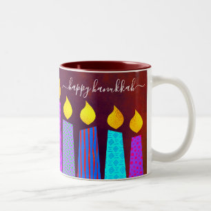 Red Menorah Candles Happy Hanukkah Script Bold Two-Tone Coffee Mug