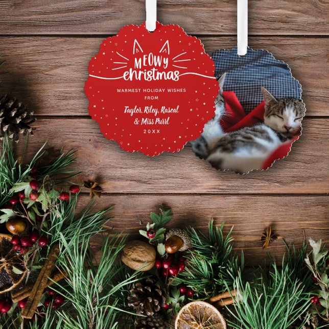 Red Meowy Christmas Cat Photo Christmas Tree Decoration Card (Creator Uploaded)