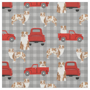 Red Merle Aussie and red truck plaid Fabric