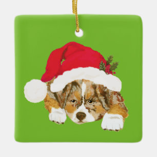 Red Merle Aussie Christmas Puppy w/Santa Hat Ceramic Ornament