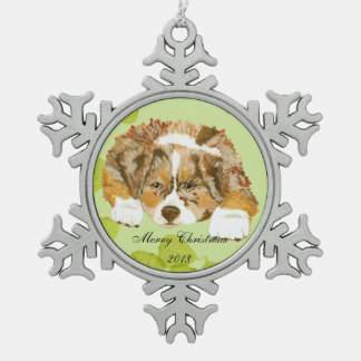 Red Merle Aussie Puppy on Green Leaves Snowflake Pewter Christmas Ornament