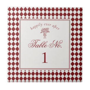 Red Merlot Harlequin Checker Wedding Table Number Tile