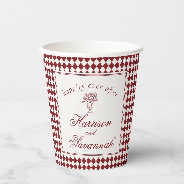 Red Merlot Harlequin Chequered Wedding Paper Cups (Front)