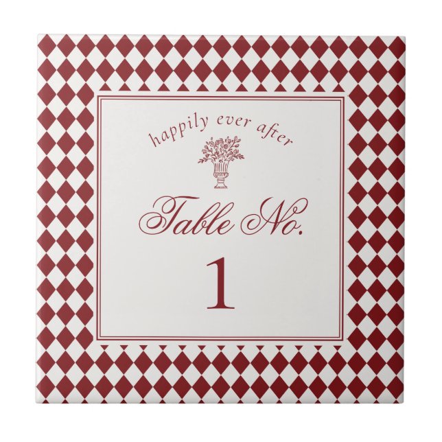 Red Merlot Harlequin Chequered Wedding Table Numbe Tile (Front)