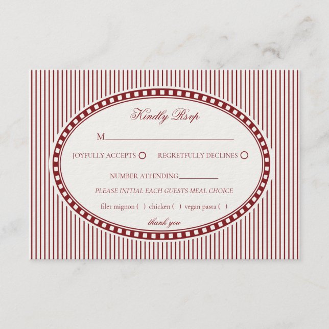 Red Merlot Striped Harlequin Pattern Wedding RSVP Enclosure Card (Front)