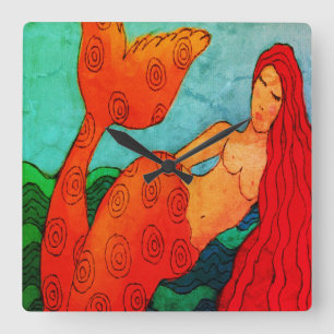 Red Mermaid Abstract Art Square Wall Clock