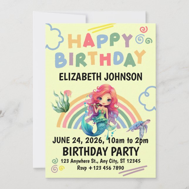 Red Mermaid Birthday Invitation in Yellow (Front)