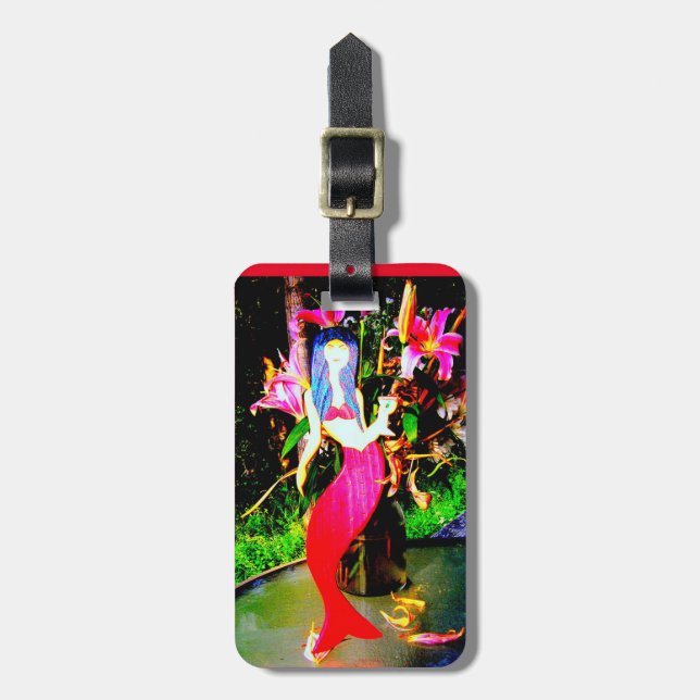 red mermaid partying luggage tag (Front Vertical)