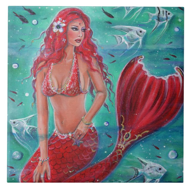 Red mermaid "Vivian"  underwater tropical fish Tile (Front)