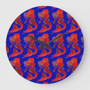 red mermaids on blue clock