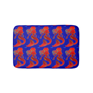 red mermaids on blue  pattern bath mat