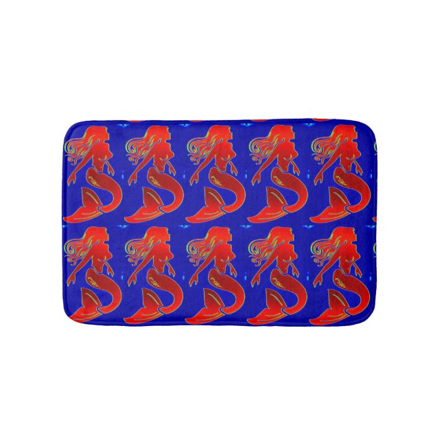 red mermaids on blue  pattern bath mat (Front)