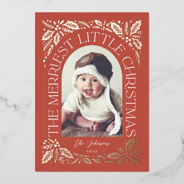 Red Merriest Little Christmas Arch Photo Foil Holiday Card (Front)