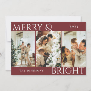 Red Merry and Bright 3 Photo Collage Holiday Card