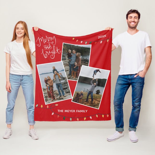 Red Merry and Bright Christmas Lights Family Photo Fleece Blanket (In Situ)
