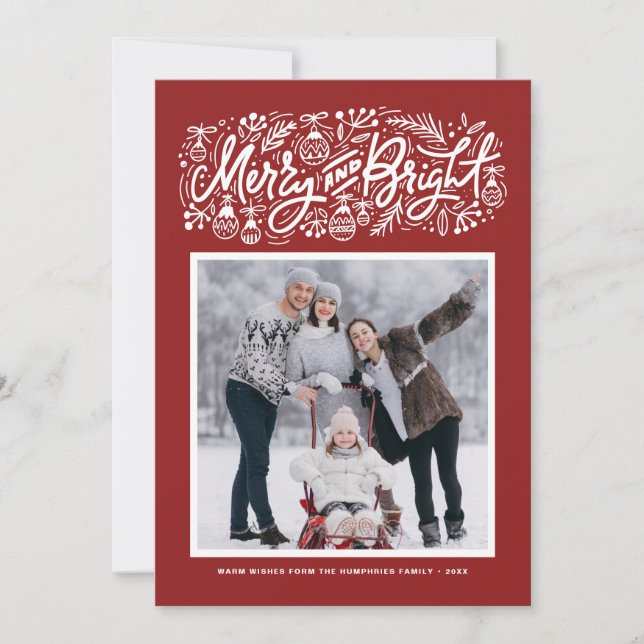Red Merry and Bright Lettering Christmas Photo Holiday Card (Front)