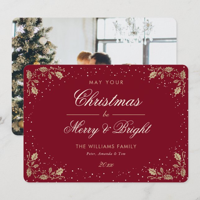 Red Merry and Bright Snow Holly Photo Christmas Holiday Card (Front/Back)