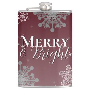 Red Merry and Bright Snowflakes Christmas Hip Flask