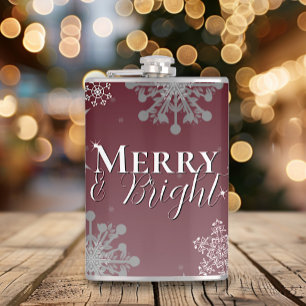 Red Merry and Bright Snowflakes Christmas Hip Flask