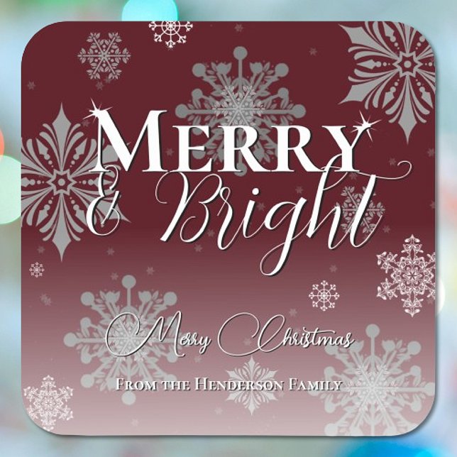 Red Merry and Bright Snowflakes Christmas Square Sticker (Red Merry and Bright Snowflakes Christmas Sticker)