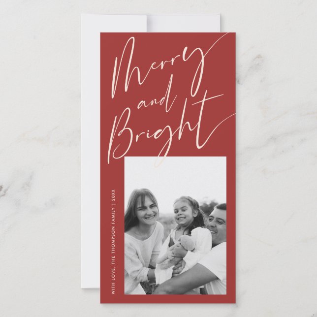 Red Merry and Bright Trendy Script One Photo Holiday Card (Front)