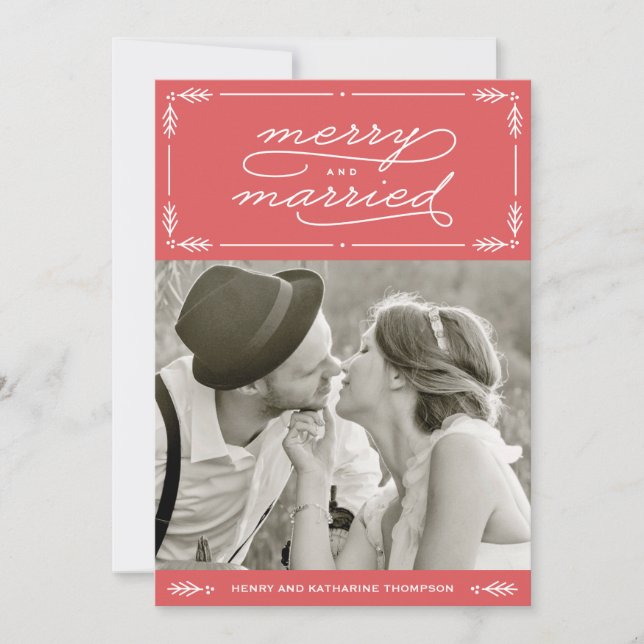 Red Merry and Married Newlywed Holiday Photo Card (Front)