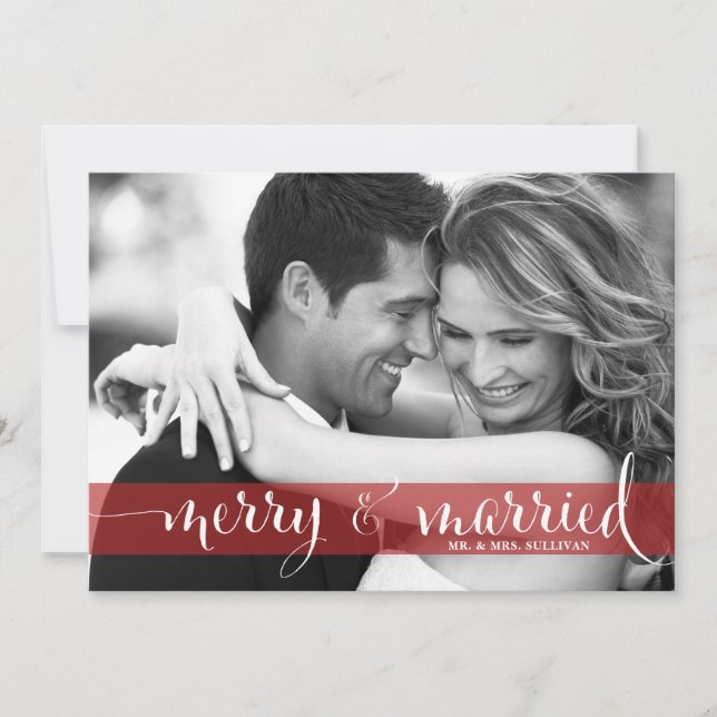 Red Merry and Married Script Holiday Photo Card (Front)
