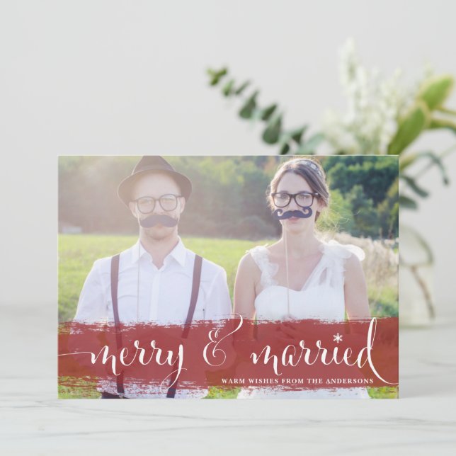 Red Merry and Married Snowflakes Christmas Photo Holiday Card (Standing Front)