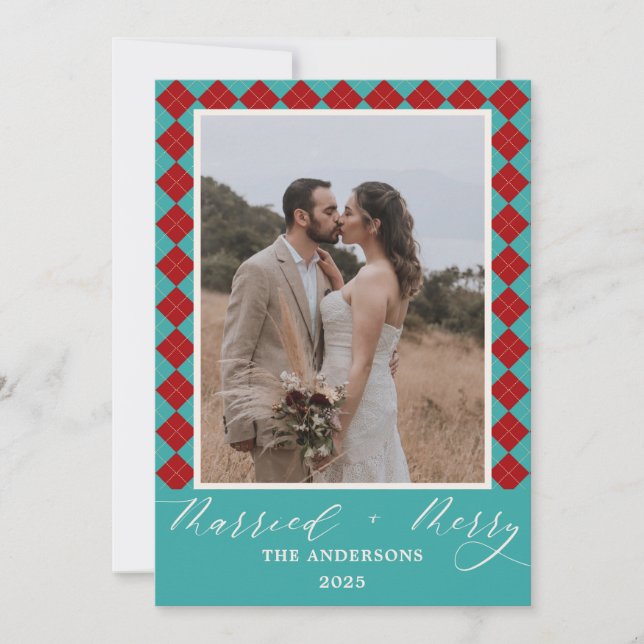 Red Merry and Married Wedding Christmas Thank You Card (Front)