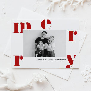 Red MERRY Bold Typography Modern Photo Christmas Holiday Postcard