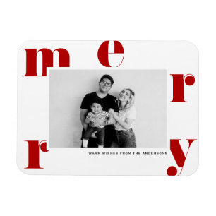 Red MERRY Bold Typography Modern Photo Christmas Magnet