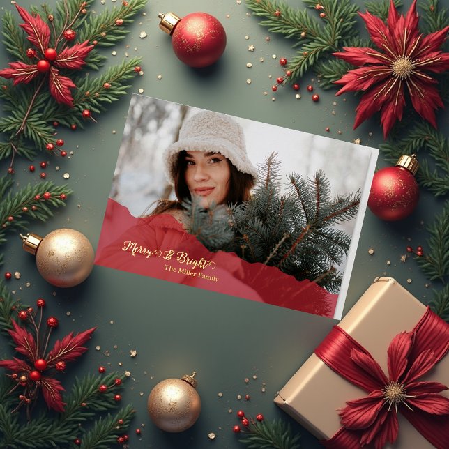 red Merry & Bright Christmas family Photo gold Foil Holiday Card (Creator Uploaded)