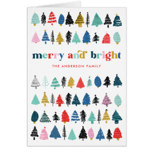 Red Merry & Bright Colourful Trees Holiday Card