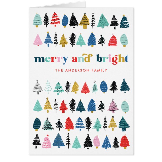 Red Merry & Bright Colourful Trees Holiday Card (Front)