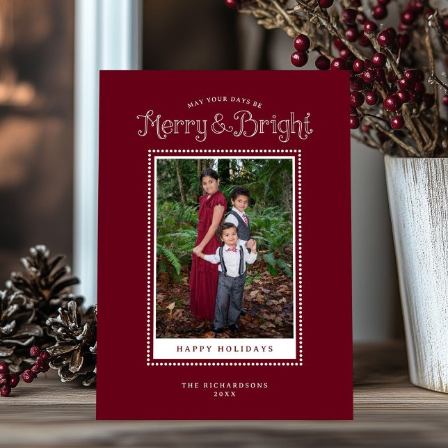 Red Merry Bright Elegant Photo Holiday Card (Shown on a 5" x 7" card)