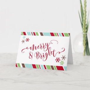 Red Merry & Bright Snowflakes & Diagonal Stripes Holiday Card