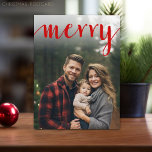 Red Merry Calligraphy - vertical Photo white type Holiday Postcard<br><div class="desc">Full coverage photo with a red overlay - Use a vertical photo to make a unique and trendy Merry Christmas greeting with a bright and joyful pine branch pattern. This design has an abstract feel to it with painted elements and a handwritten font. If you need to move anything around,...</div>
