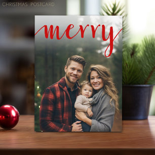 Red Merry Calligraphy - vertical Photo white type Holiday Postcard