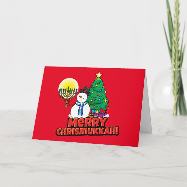 Red Merry Chrismukkah Snowman Jewish and Christmas Holiday Card (Front)