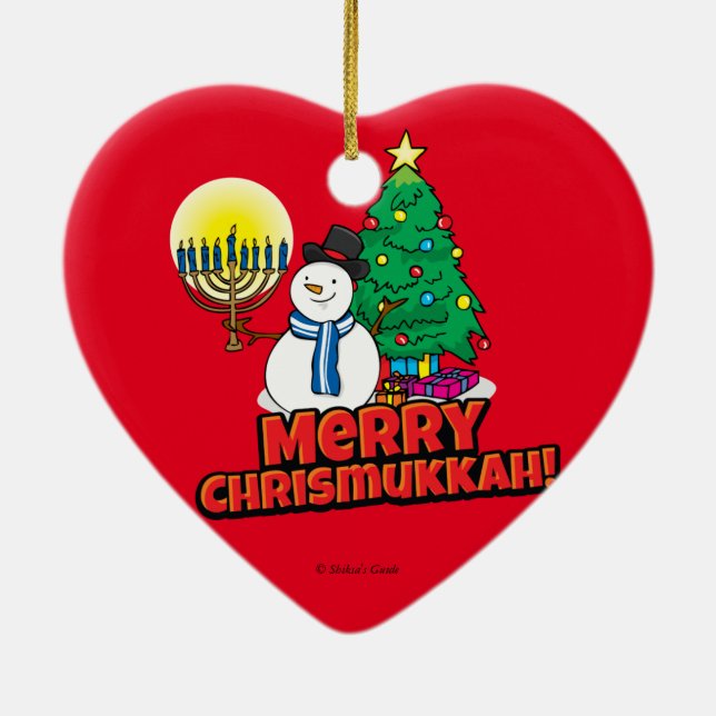 Red Merry Chrismukkah with Snowman and Menorah Ceramic Tree Decoration (Back)