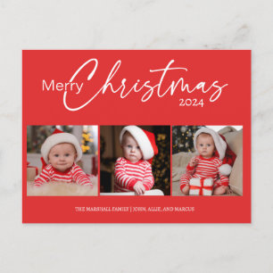 Red Merry Christmas 2024 Photo Collage Typography  Holiday Postcard