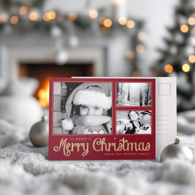 Red Merry Christmas 3 Photo Modern Postcard (Creator Uploaded)