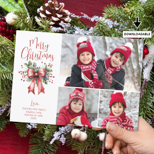 Red Merry Christmas 3 Photos Script Holly Bow Holiday Card