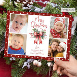 Red Merry Christmas 4 Photo Script Bow Lights Holiday Card<br><div class="desc">Send MERRY CHRISTMAS greetings this holiday season with a photo greeting card featuring 4 pictures and modern red calligraphy script typography for the greeting accented with a watercolor red bow and holly with a red border and white holiday lights. ASSISTANCE: For help with design modification or personalisation, resizing, transferring the...</div>