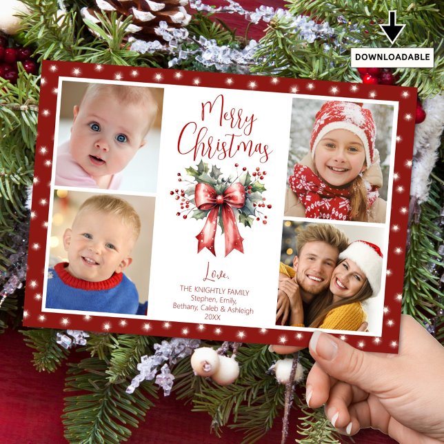 Red Merry Christmas 4 Photo Script Bow Lights Holiday Card (Creator Uploaded)