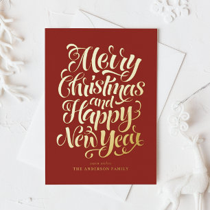 Red Merry Christmas and Happy New Year Foil Holiday Postcard