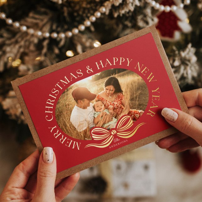 Red Merry Christmas Bow Gold Foil Holiday Card (Creator Uploaded)