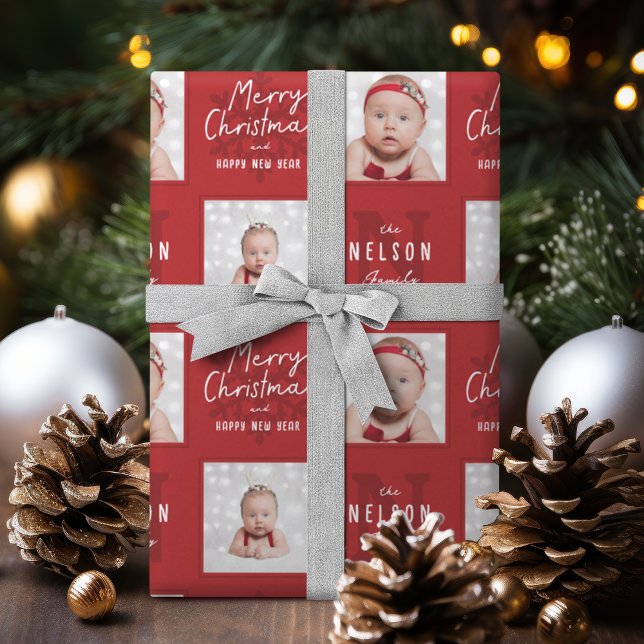 Red Merry Christmas Calligraphy Family 2 photo Wrapping Paper (Red Merry Christmas Calligraphy Family 2 photo Wrapping Paper)